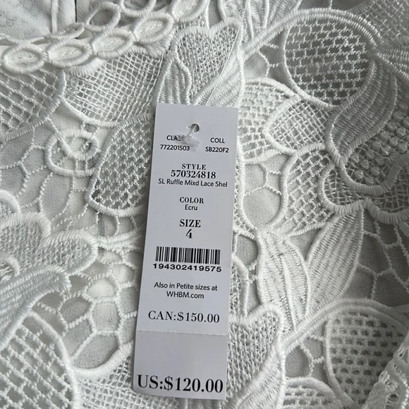 NWT WHBM RUFFLE AND LACE SLEEVELESS TOP - Size 4 - Picture 9 of 9